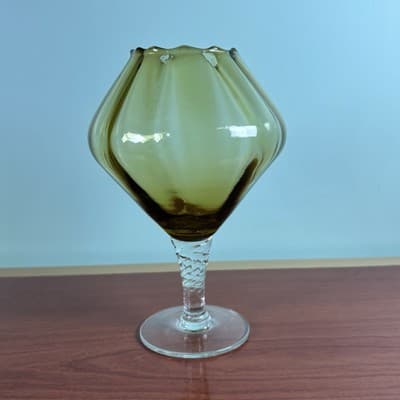Vintage MCM 7” Empoli Amber Optic Panel Footed Snifter Compote Flower Display - Thumbnail 8