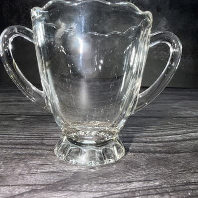 Vintage Clear Glass Open Sugar Bowl with Handles and Scalloped Rim - Thumbnail 12