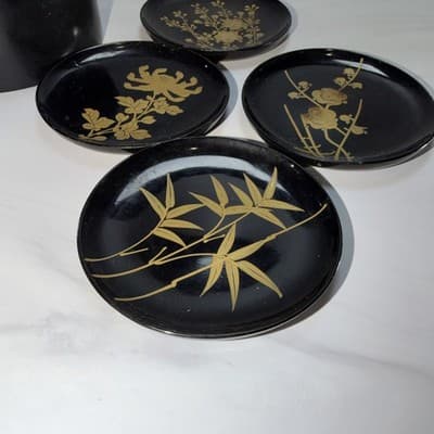 Japanese Black Lacquer Vintage Coasters w/Gold Flowers Leaf Limbs Design - Thumbnail 3
