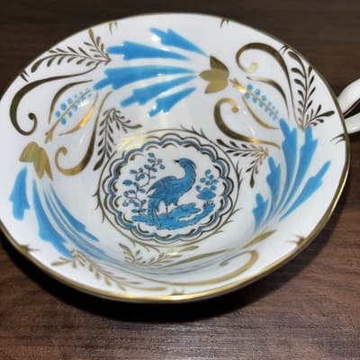 Royal Chelsea 3800A Turquoise Birds & Leaves Footed Cup and Saucer Gold Oriental - Thumbnail 10