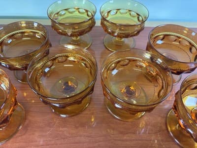 6 INDIANA Amber Glass KINGS CROWN Thumbprint Footed 6oz SHERBET Dessert Dish 3"T - Thumbnail 5