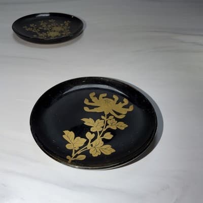 Japanese Black Lacquer Vintage Coasters w/Gold Flowers Leaf Limbs Design - Thumbnail 7