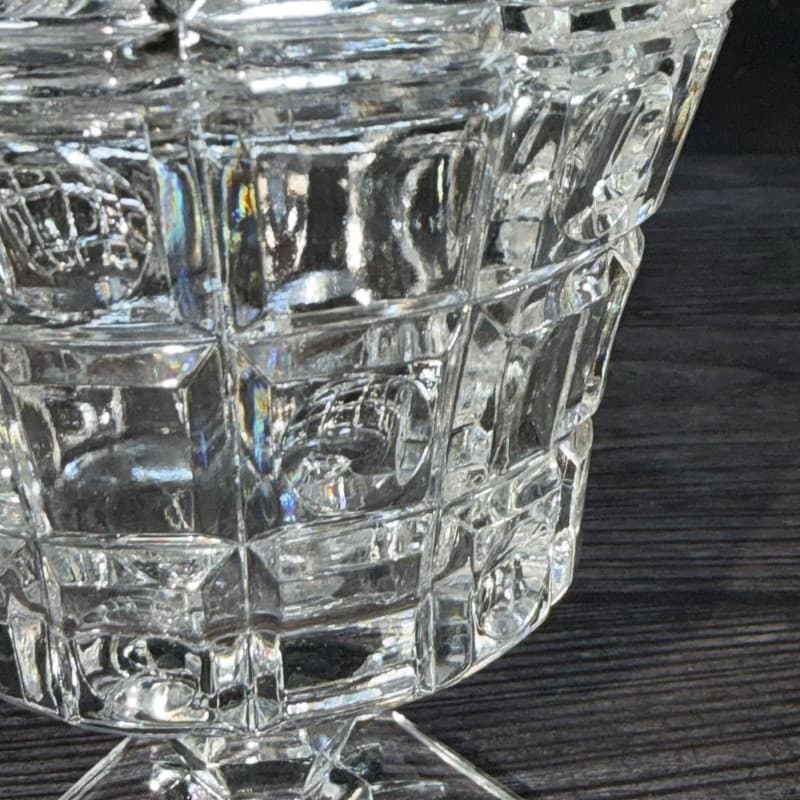 Vintage Art Deco Cube Pattern Clear Cut Glass Pedestal Candy Dish with Lid - Thumbnail 3