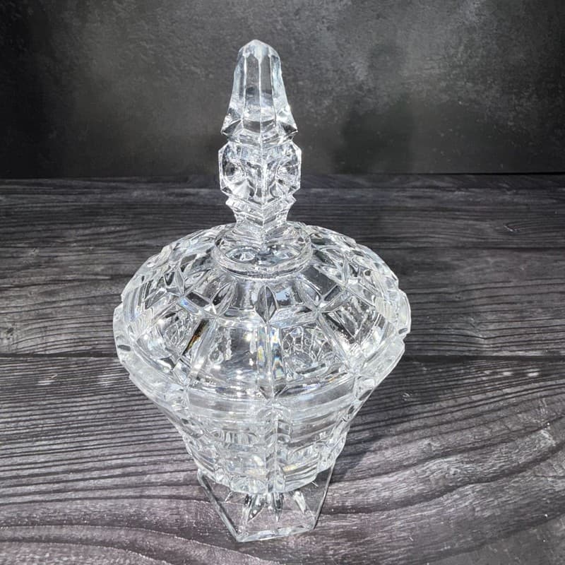Vintage Art Deco Cube Pattern Clear Cut Glass Pedestal Candy Dish with Lid - Thumbnail 2
