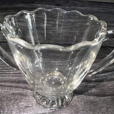 Vintage Clear Glass Open Sugar Bowl with Handles and Scalloped Rim - Thumbnail 11