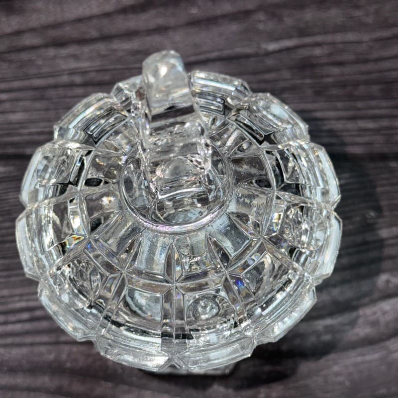 Vintage Art Deco Cube Pattern Clear Cut Glass Pedestal Candy Dish with Lid - Thumbnail 5