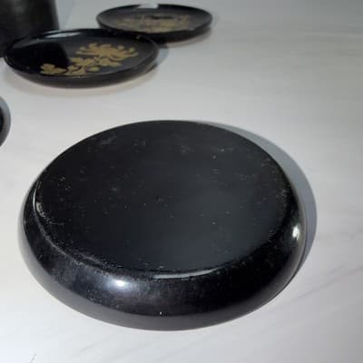 Japanese Black Lacquer Vintage Coasters w/Gold Flowers Leaf Limbs Design - Thumbnail 6