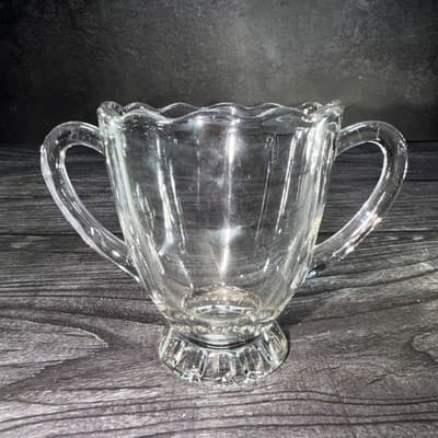Vintage Clear Glass Open Sugar Bowl with Handles and Scalloped Rim - Thumbnail 4