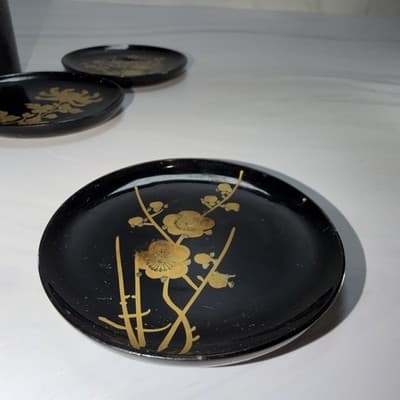 Japanese Black Lacquer Vintage Coasters w/Gold Flowers Leaf Limbs Design - Thumbnail 5