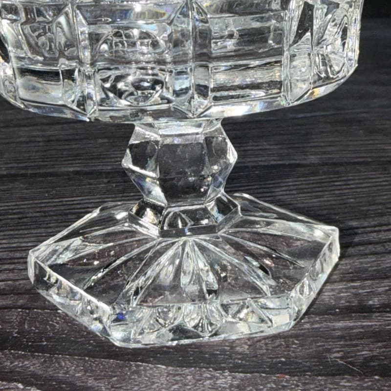 Vintage Art Deco Cube Pattern Clear Cut Glass Pedestal Candy Dish with Lid - Thumbnail 6