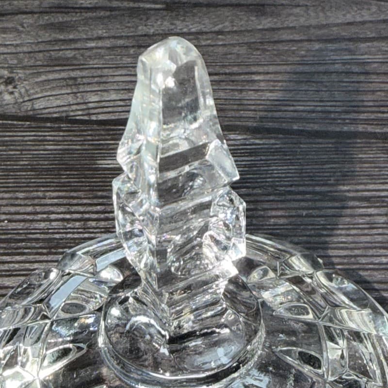 Vintage Art Deco Cube Pattern Clear Cut Glass Pedestal Candy Dish with Lid - Thumbnail 11