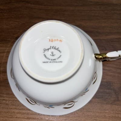 Royal Chelsea 3800A Turquoise Birds & Leaves Footed Cup and Saucer Gold Oriental - Thumbnail 15