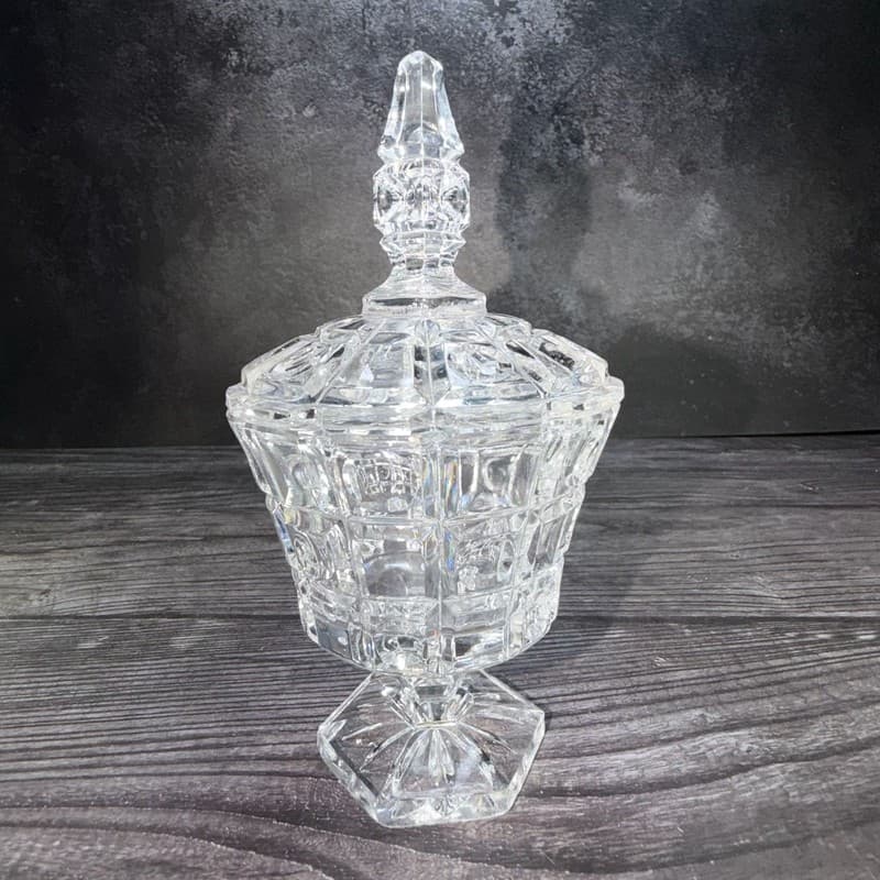 Vintage Art Deco Cube Pattern Clear Cut Glass Pedestal Candy Dish with Lid