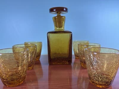 Heavy Bar Set Crackle Glass Handblown Liquor Decanter Amber Italy 6 Glasses VTG