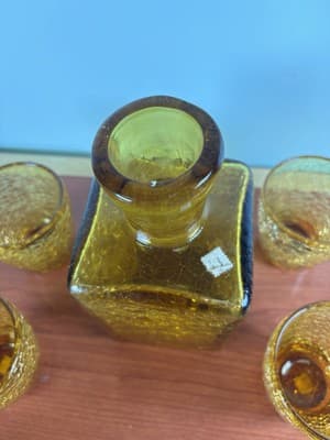 Heavy Bar Set Crackle Glass Handblown Liquor Decanter Amber Italy 6 Glasses VTG - Thumbnail 10