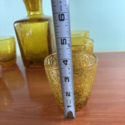Heavy Bar Set Crackle Glass Handblown Liquor Decanter Amber Italy 6 Glasses VTG - Thumbnail 6