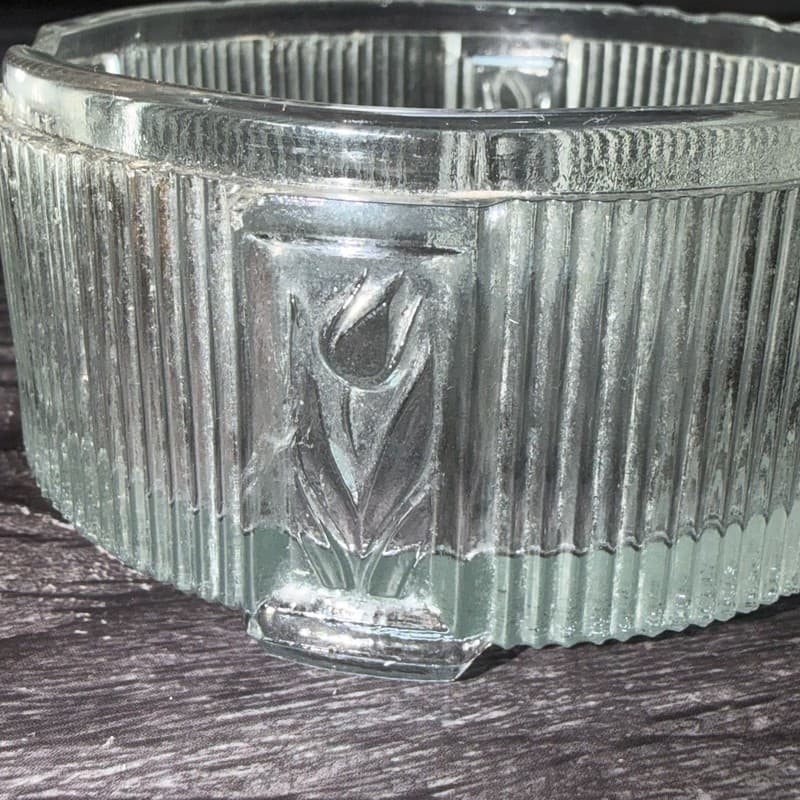 Vintage Art Deco Ribbed Glass Powder Jar Floral Brass Lid Chipped - Thumbnail 8