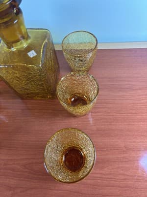Heavy Bar Set Crackle Glass Handblown Liquor Decanter Amber Italy 6 Glasses VTG - Thumbnail 4