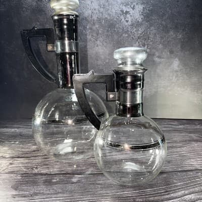 VTG Glass Coffee Decanter Pot & Matching Cream Cup Cork Lids Carafe Mid Century