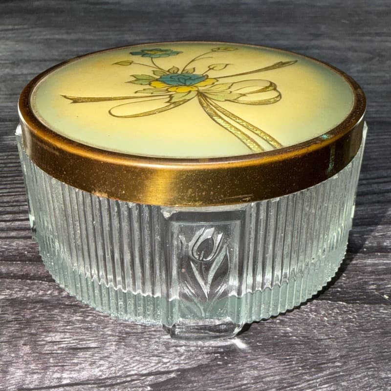 Vintage Art Deco Ribbed Glass Powder Jar Floral Brass Lid Chipped