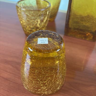 Heavy Bar Set Crackle Glass Handblown Liquor Decanter Amber Italy 6 Glasses VTG - Thumbnail 12