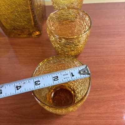 Heavy Bar Set Crackle Glass Handblown Liquor Decanter Amber Italy 6 Glasses VTG - Thumbnail 7