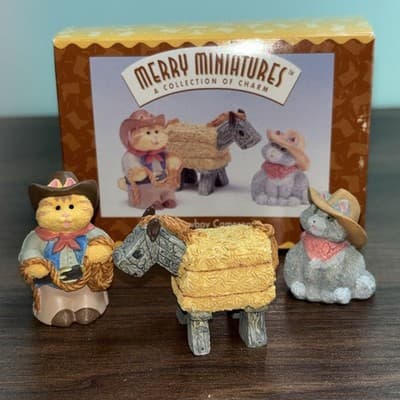 COWBOY CAMERON 3-Piece Set Hallmark Merry Miniatures Western Cats In Hats Roping
