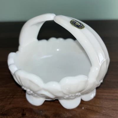 VTG Milk Glass Footed Candy Basket Dogwood Flower Dish Westmorland White W Label