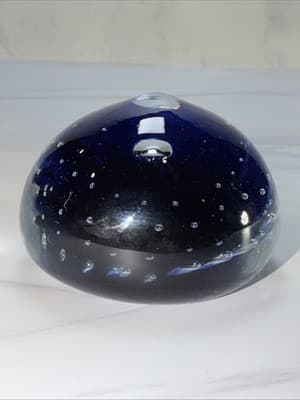 VTG Controlled Bubble Cobalt Blue Center Glass Paperweight Heavy - Thumbnail 6