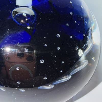 VTG Controlled Bubble Cobalt Blue Center Glass Paperweight Heavy - Thumbnail 4