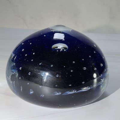 VTG Controlled Bubble Cobalt Blue Center Glass Paperweight Heavy