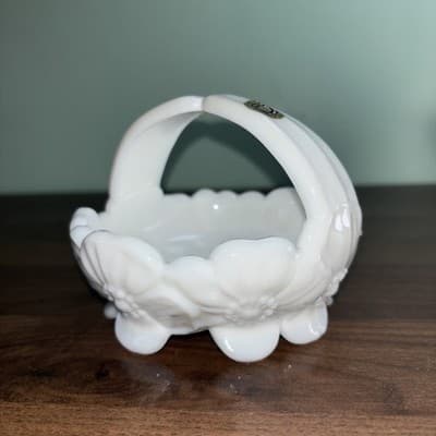VTG Milk Glass Footed Candy Basket Dogwood Flower Dish Westmorland White W Label - Thumbnail 6