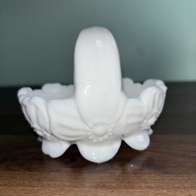 VTG Milk Glass Footed Candy Basket Dogwood Flower Dish Westmorland White W Label - Thumbnail 4