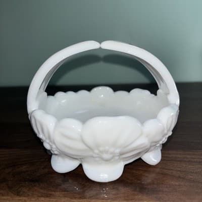 VTG Milk Glass Footed Candy Basket Dogwood Flower Dish Westmorland White W Label - Thumbnail 5