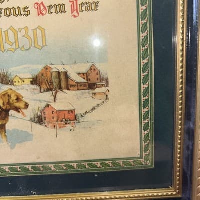 Vintage 1930 Calendar Happy New Year Greetings Framed Girl With Wreath And Dog - Thumbnail 3