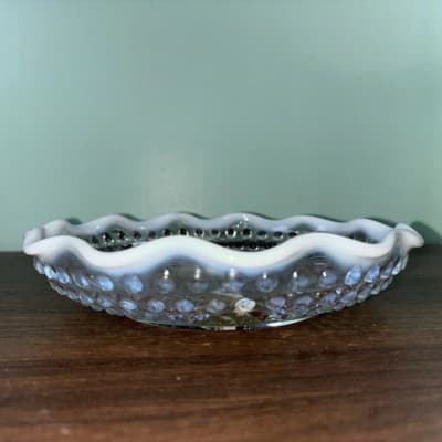 VTG Fenton Hobnail divided Relish dish White & clear glass ruffled edge - Thumbnail 3