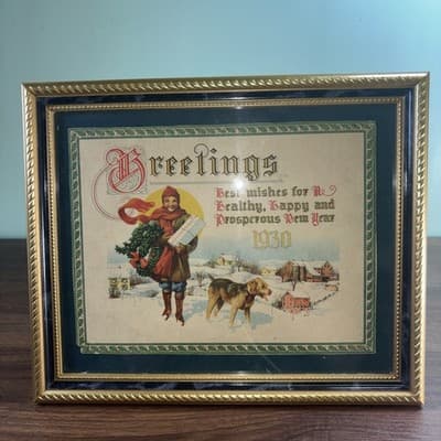 Vintage 1930 Calendar Happy New Year Greetings Framed Girl With Wreath And Dog