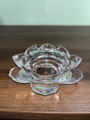 Heavy Glass Blooming Lotus Flower Pillar Medium Candle Holder Hand Pulled Petals - Thumbnail 2