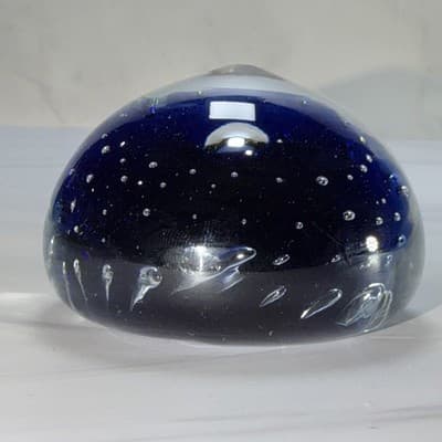 VTG Controlled Bubble Cobalt Blue Center Glass Paperweight Heavy - Thumbnail 5