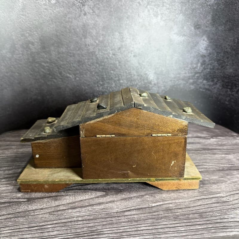Vintage Wooden Swiss Chalet Music Box Jewelry Trinket Box with Moving Waterwheel - Thumbnail 12