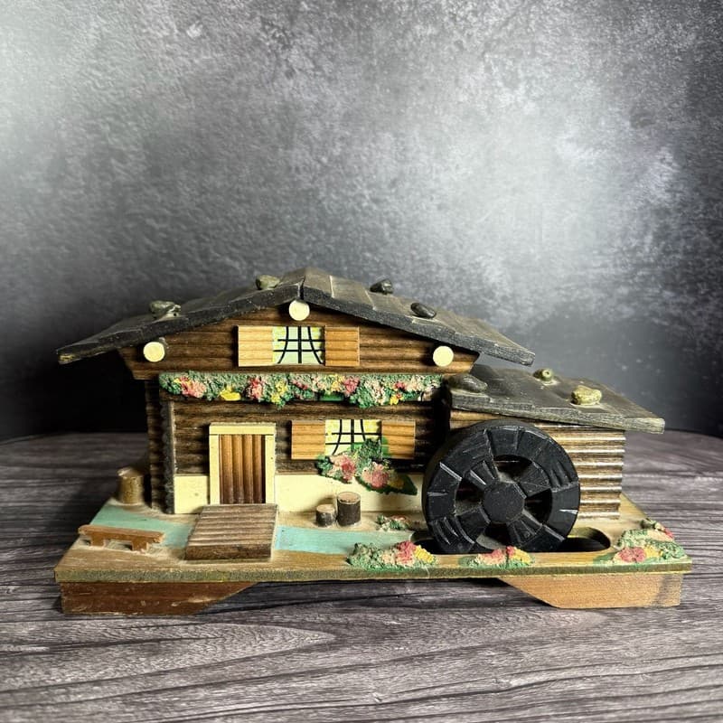 Vintage Wooden Swiss Chalet Music Box Jewelry Trinket Box with Moving Waterwheel