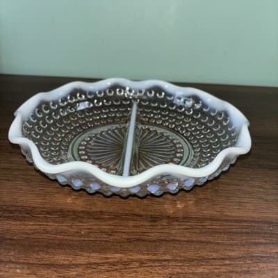 VTG Fenton Hobnail divided Relish dish White & clear glass ruffled edge - Thumbnail 2