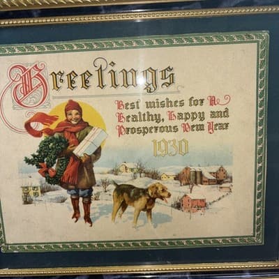 Vintage 1930 Calendar Happy New Year Greetings Framed Girl With Wreath And Dog - Thumbnail 5