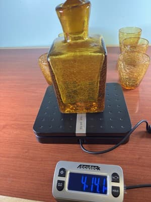 Heavy Bar Set Crackle Glass Handblown Liquor Decanter Amber Italy 6 Glasses VTG - Thumbnail 9