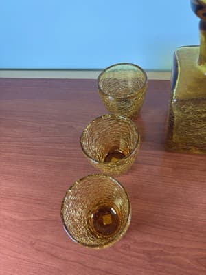 Heavy Bar Set Crackle Glass Handblown Liquor Decanter Amber Italy 6 Glasses VTG - Thumbnail 5