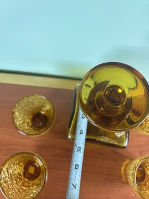 Heavy Bar Set Crackle Glass Handblown Liquor Decanter Amber Italy 6 Glasses VTG - Thumbnail 8