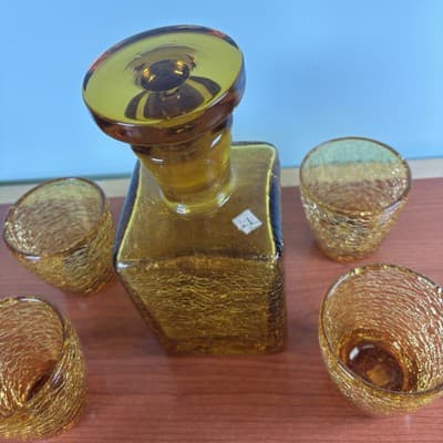 Heavy Bar Set Crackle Glass Handblown Liquor Decanter Amber Italy 6 Glasses VTG - Thumbnail 3