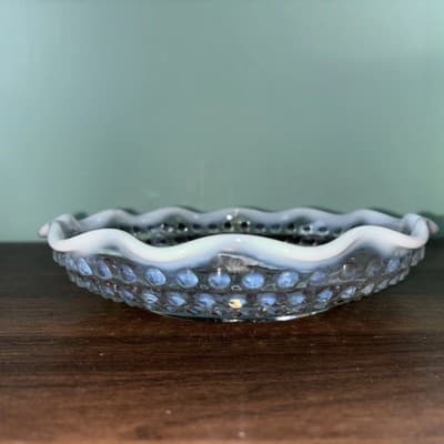 VTG Fenton Hobnail divided Relish dish White & clear glass ruffled edge - Thumbnail 5