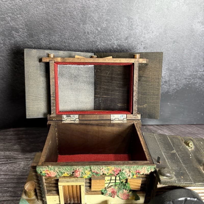 Vintage Wooden Swiss Chalet Music Box Jewelry Trinket Box with Moving Waterwheel - Thumbnail 3