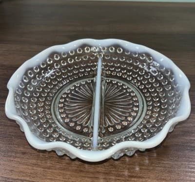 VTG Fenton Hobnail divided Relish dish White & clear glass ruffled edge